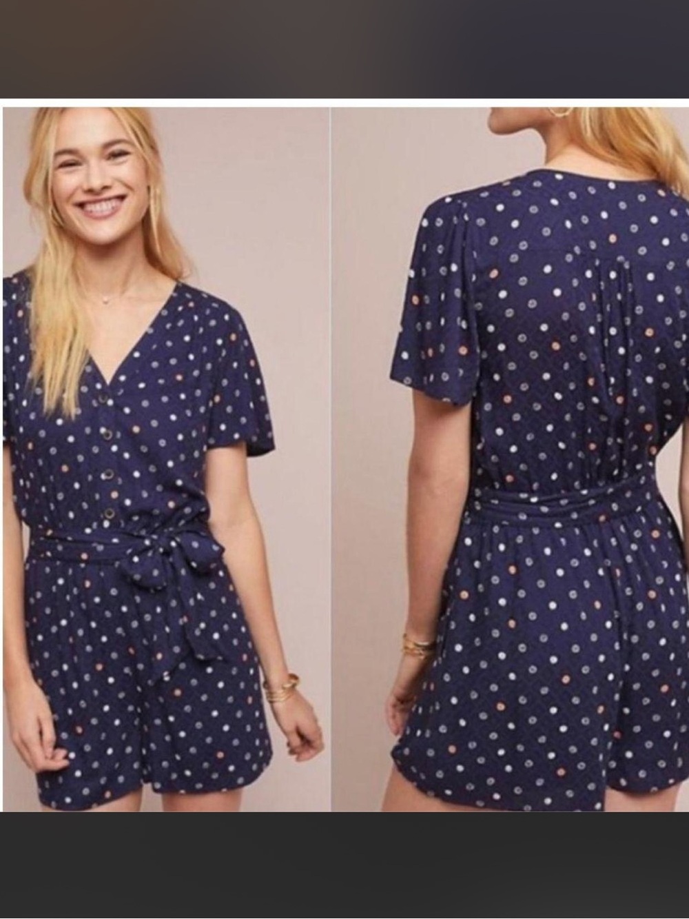 ett:twa by Anthropologie Navy Polka-Dot Short-Sleeve Romper Large - Picture 4 of 14